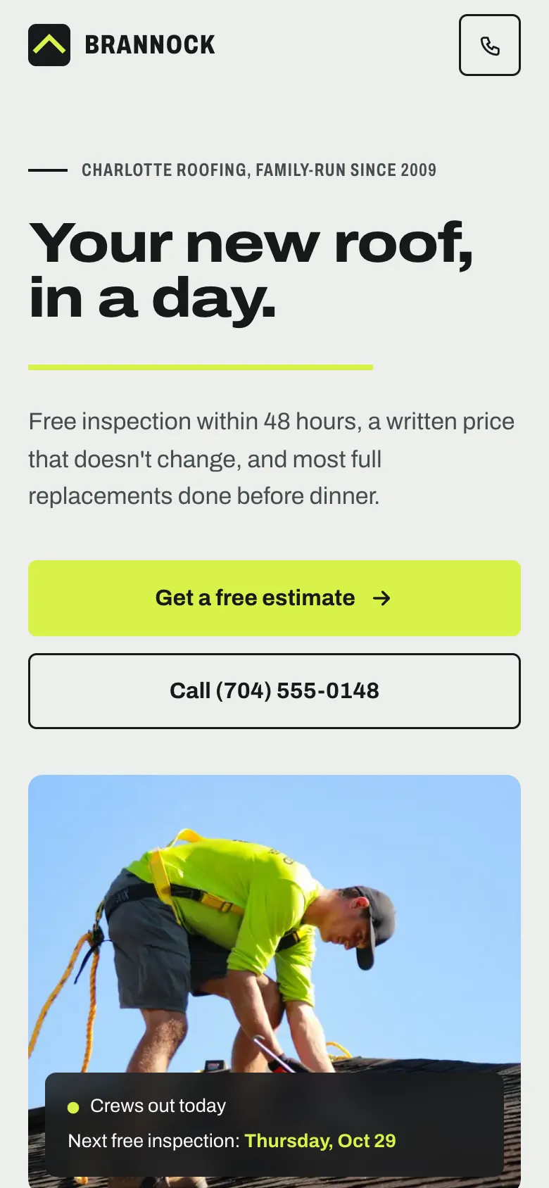 Brannock Roofing homepage on a phone