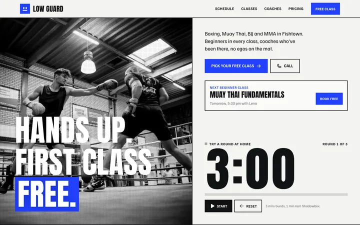 Low Guard Boxing & MMA homepage on desktop